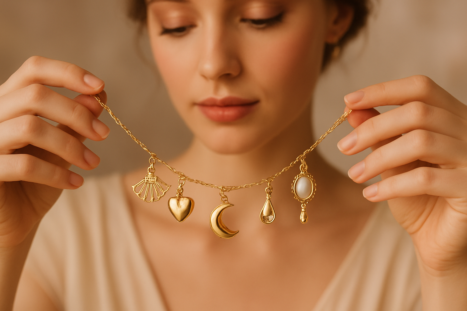 Collier de charme avec Dame qui tient le collier en fond les charmes sont éventail, cœur croissant de lune, goutte d'eau, miroir
